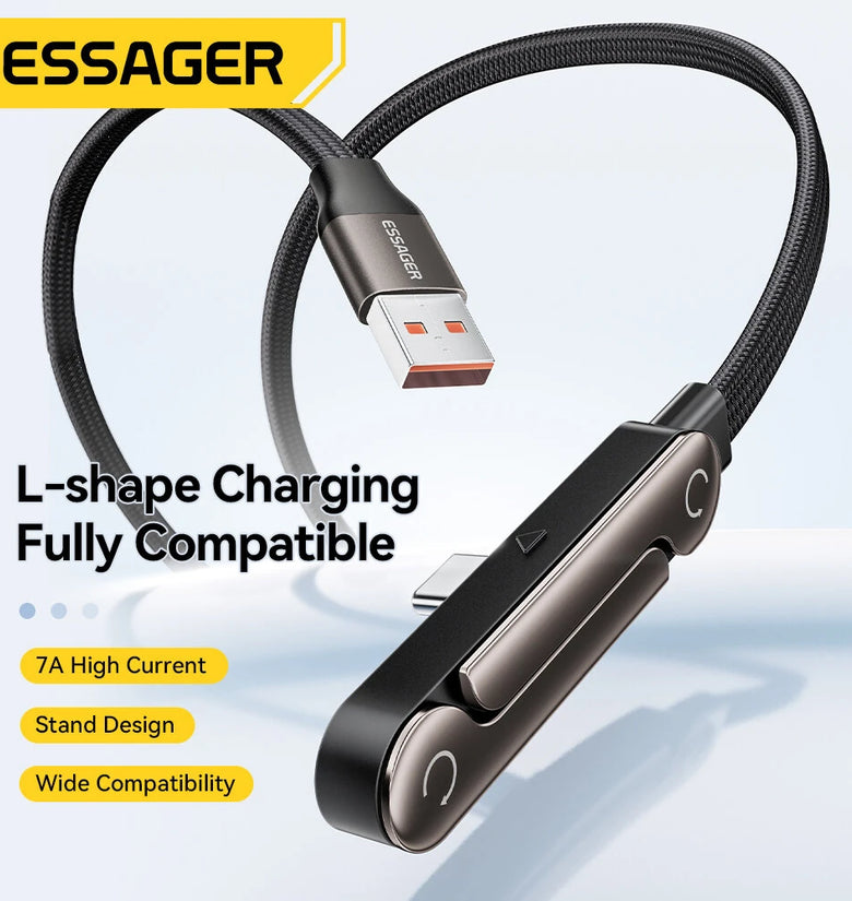 ESSAGER ES-X78 7A USB-A to USB-C L-shape Cable Fast Charging Data Transmission Thickened Copper Core Line 1M Long for iPhone 17 17 Pro Max 16 15 for XIaomi 17pro for SAMSUNG for OPPO for VIVO