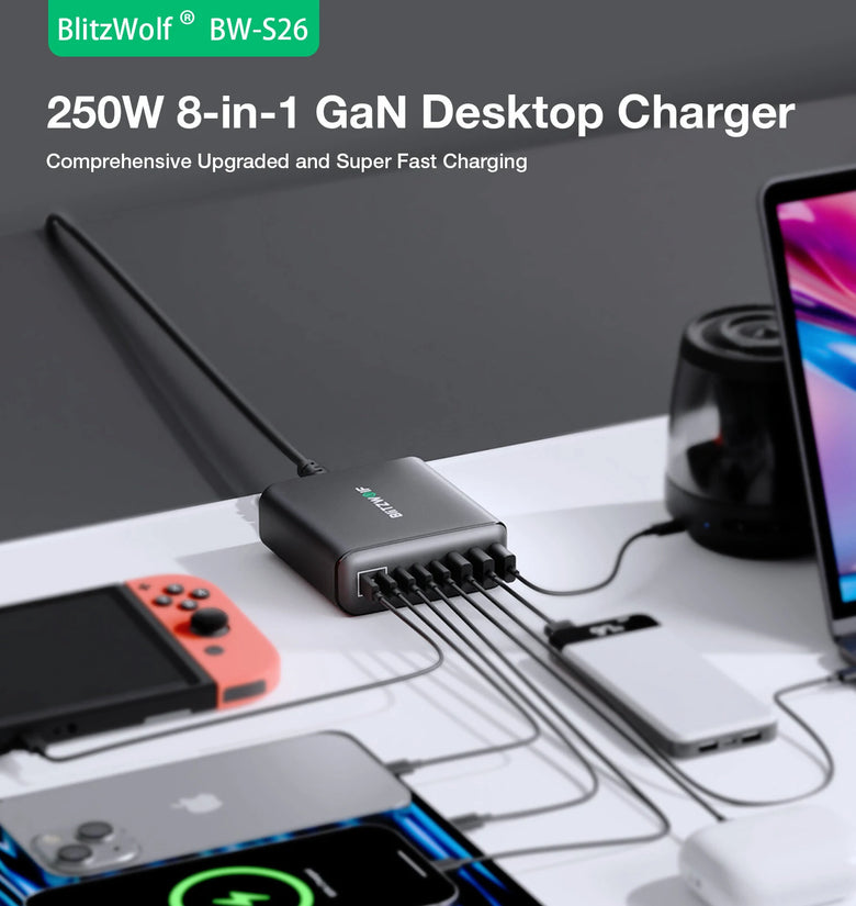 [GaN Tech] Blitzwolf BW-S26 250W 8-Port USB PD Charger 3USB-A+5USB-C PD3.0 QC3.0 AFC FCP PPS APPLE Fast Charging Desktop Charging Station EU Plug for iPhone 15 14 13 for Samsung Galaxy Z Flip4 for MacBook Pro for Airpods for Apple Watch
