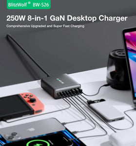[GaN Tech] Blitzwolf BW-S26 250W 8-Port USB PD Charger 3USB-A+5USB-C PD3.0 QC3.0 AFC FCP PPS APPLE Fast Charging Desktop Charging Station EU Plug for iPhone 15 14 13 for Samsung Galaxy Z Flip4 for MacBook Pro for Airpods for Apple Watch