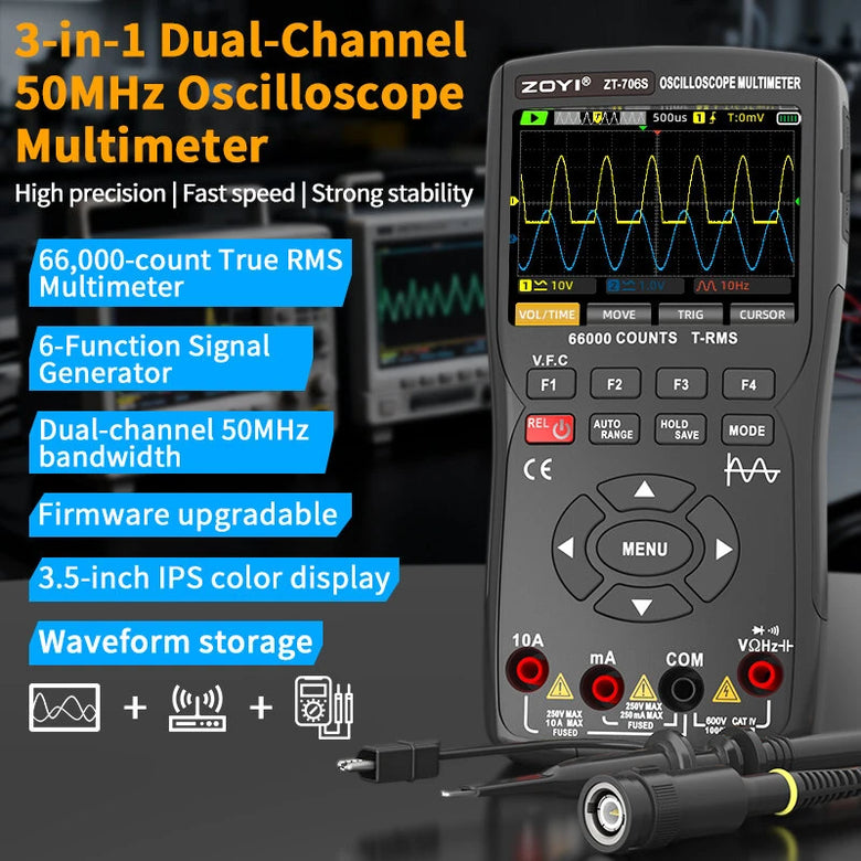 ZOYI ZT-706S Handheld Oscilloscope Multimeter 3-In-1 Dual Channel 50MHz 280MSa/s 66000 Counts Signal Generator IPS Display