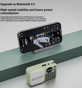 SANSUI U1 FM Radio Portable bluetooth Speaker Built-in Dual Magnetic Speakers Support TF Card U Disk 3.5mm AUX Playback Rechargeable Digital MP3 Player with Lanyard