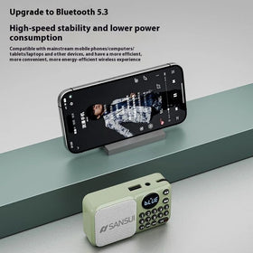 SANSUI U1 FM Radio Portable bluetooth Speaker Built-in Dual Magnetic Speakers Support TF Card U Disk 3.5mm AUX Playback Rechargeable Digital MP3 Player with Lanyard