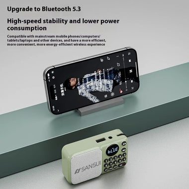 SANSUI U1 FM Radio Portable bluetooth Speaker Built-in Dual Magnetic Speakers Support TF Card U Disk 3.5mm AUX Playback Rechargeable Digital MP3 Player with Lanyard