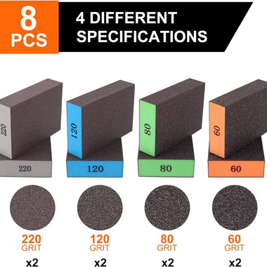 8pcs Sanding Sponges Assorted Grits 60 80 120 220 Washable Reusable Sandpaper Blocks for Woodworking Furniture Metal Drywall Polishing