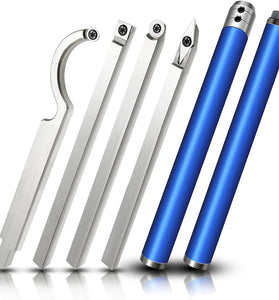 6 In 1 Carbide Tipped Wood Turning Tools Set Latest Lathe Rougher Finisher Swan Neck Hollowing Tools and Interchangeable Aluminum Alloy Grip Handle with Diamond Round Square Carbide Inserts