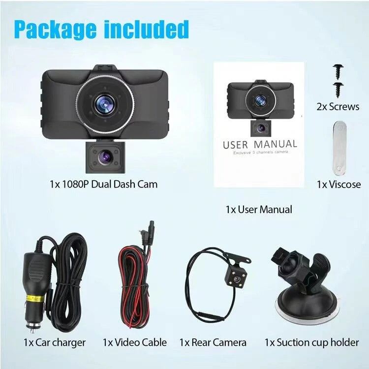 1080P 3 Channel Car Dash Cam 3-inch  IPS Screen Three Lens Car 170 HD Record Front/Interior/Rear View Camera with Free 64G TF Card Night Vision Parking Monior