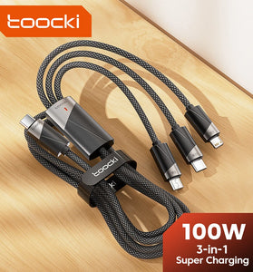 Toocki TQ-X07 100W USB-C to USB-C/Micro/iP Cable Fast Charging Data Transmission Tinned Copper Core Line 1.2M Long for iPhone 16 16 Plus 15 14 13 Pro for Huawei Mate XT for Xiaomi 15pro for Samsung Galaxy Z Flip6 for Oppo Reno 13