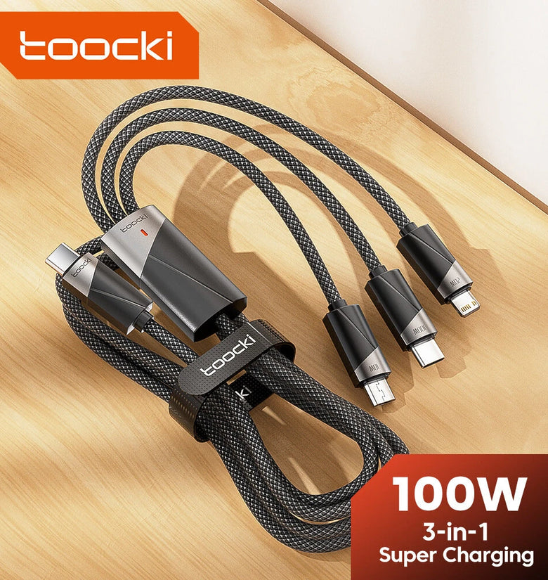 Toocki TQ-X07 100W USB-C to USB-C/Micro/iP Cable Fast Charging Data Transmission Tinned Copper Core Line 1.2M Long for iPhone 16 16 Plus 15 14 13 Pro for Huawei Mate XT for Xiaomi 15pro for Samsung Galaxy Z Flip6 for Oppo Reno 13