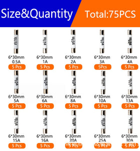 75PCS Ceramic Fuse Kit 6x30mm 15A Ratings 0.5A to 30A Electrical Replacement Fuses Heat Resistant Multipurpose Fuses for Household Electronics Industrial Use