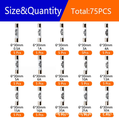 75PCS Ceramic Fuse Kit 6x30mm 15A Ratings 0.5A to 30A Electrical Replacement Fuses Heat Resistant Multipurpose Fuses for Household Electronics Industrial Use