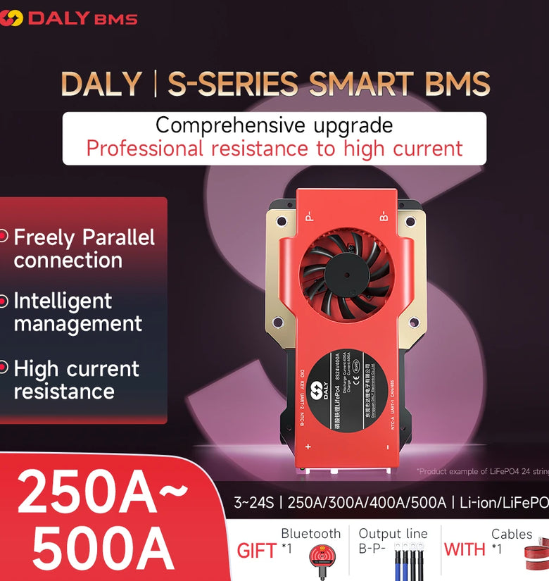 Daly BMS Smart Board LiFePO4 with Fan Iron Lithium Battery Protection Board with Balance+bluetooth+RS485+CAN S-type 4~24 Series with Parallel Module 3.65V