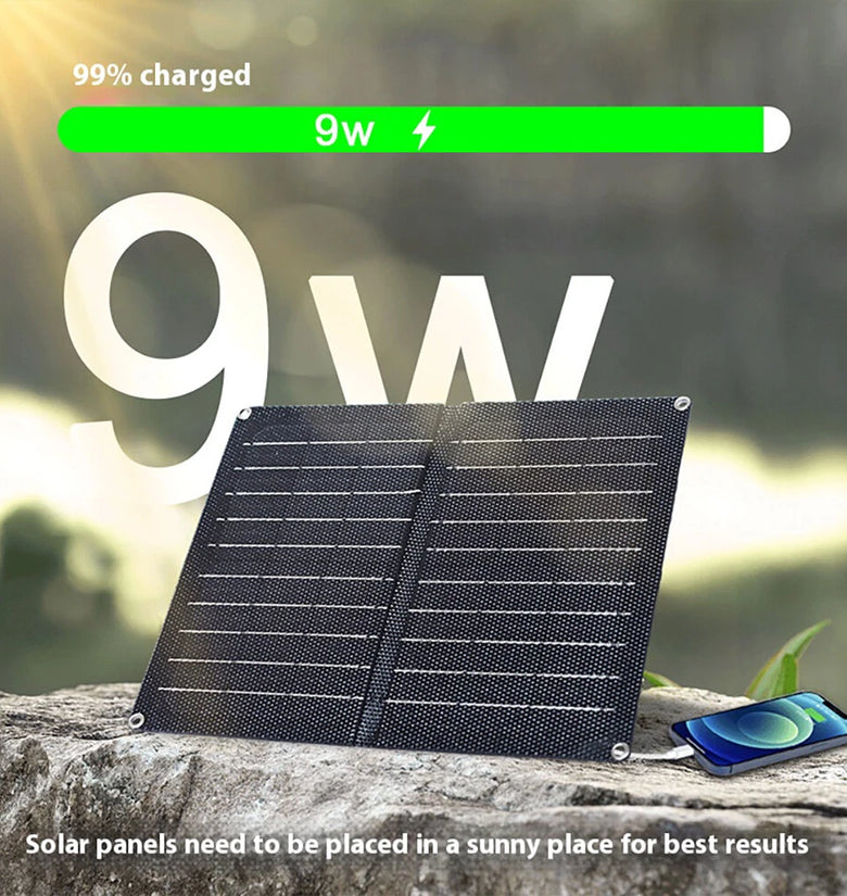 9W Portable Solar Panel Monocrystalline Silicon 6V Outdoor Charging Mobile Phone Tablet Power Bank USB-C USB-A Output