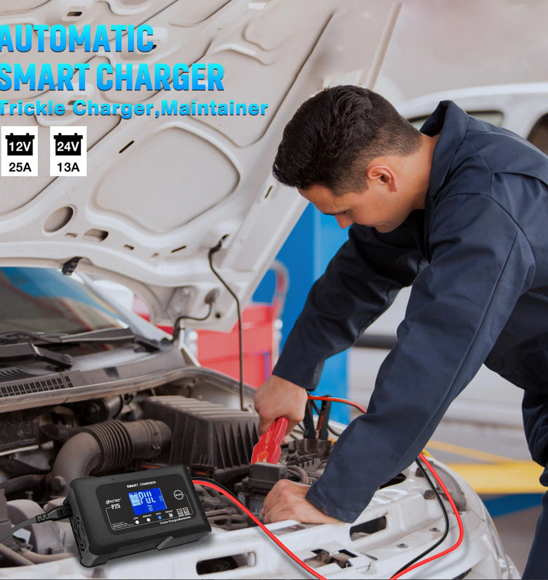 HTRC Smart Car Battery Charger 12V 25A 24V 13A Automotive Charger Battery Maintainer Trickle Charger Lead-Aci Lithium LiFePo4 Battery for Car Motorcycle Boat P25
