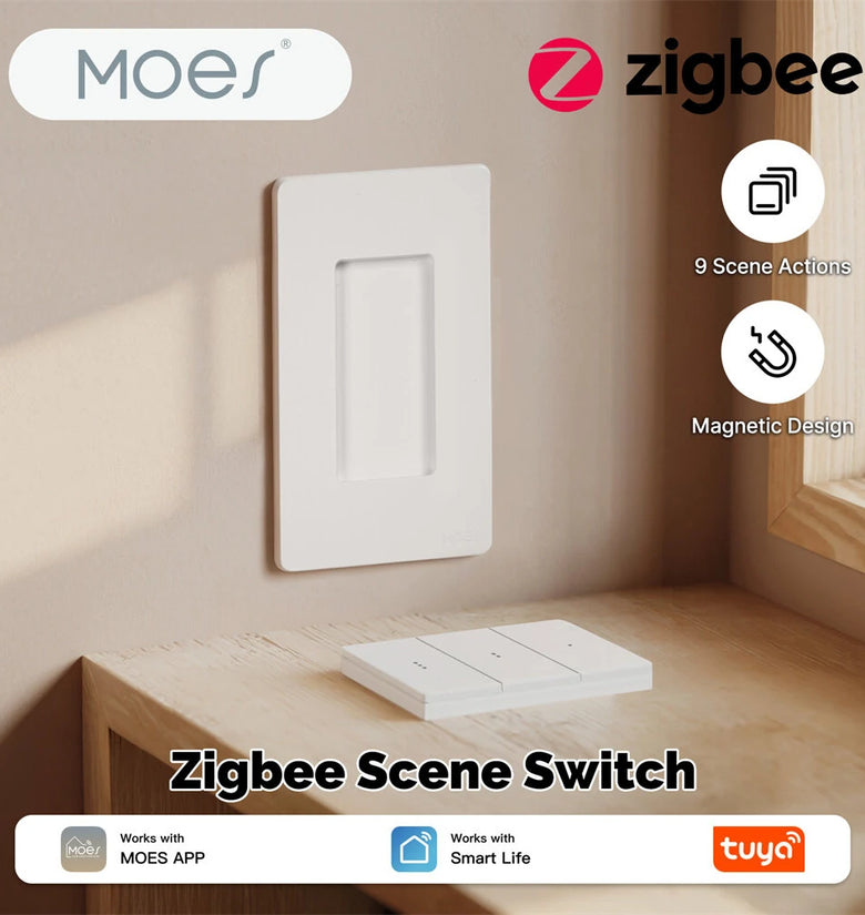 MOES Tuya Zigbe Smart Wireless Scene Switch 3 Gang 9 Scenarios Linkage Magnetic Design Handheld Push Button Control Switch