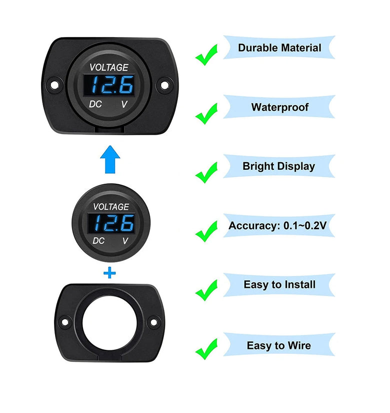12V 24V Car Voltmeter LED Digital Display Panel Waterproof Waterproof Round Voltage Gauge with Terminals for Car Motorcycle Travel Trailer Truck Boat ATV UTV