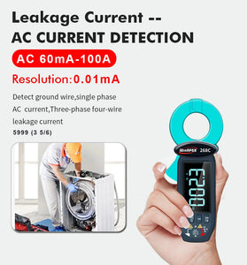 WinAPEX 268C Leakge Current Tester Clamp Meter AC 60mA-100A 0.01mA Resolution High Precision Leakage Type-C Rechargeable Digital Multimeter Electrical Tester Backlit LCD Display