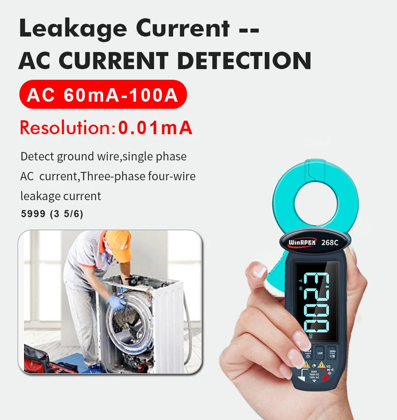 WinAPEX 268C Leakge Current Tester Clamp Meter AC 60mA-100A 0.01mA Resolution High Precision Leakage Type-C Rechargeable Digital Multimeter Electrical Tester Backlit LCD Display