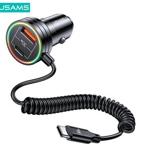 USAMS C33 60W 12-24V Car Charger USB Type C PD Fast Charge Hardware Plastic Belt with Aperture Spring Cable