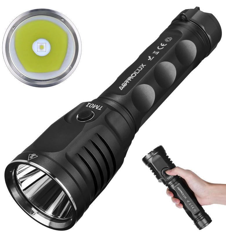 Astrolux TM01 SFT90X LED 6500LM Long-Range Flashlight 1442m Beam for Search & Rescue, Hunting TM03 3* SST40 LED 6000LM Range With a 33140(15000mAh) Li-ion Battery Type-C Charging For Camping Dog Walking Cycling and Backyard Tasks