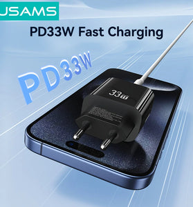 USAMS CC317 T65 33W 2-Port USB PD Charger USB-A+USB-C PD Fast Charging Wall Charger Adapter EU Plug for iPhone 16 16 Pro 15 14 13 Pro Max for Huawei Pura X for Xiaomi 15pro for Samsung Galaxy S25 Ultra
