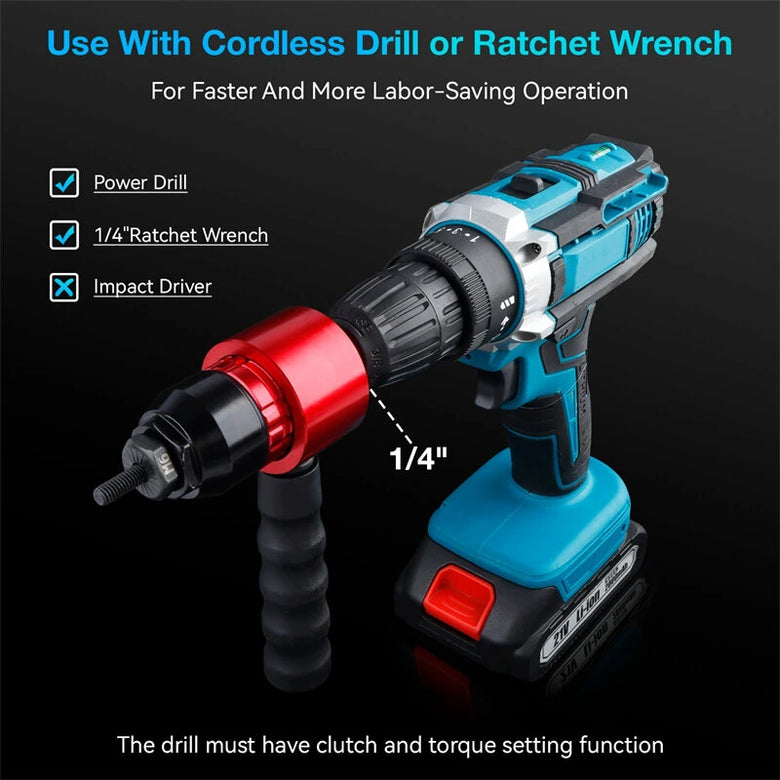 Cordless Electric Rivet Nut Gun Insert Nut Riveting Tool Alloy Steel Adapter Hexagon Interface Metric and Inch Connectors M3 M4 M5 M6 M8 1/4-20 10-24 10-32 6-32 8-32