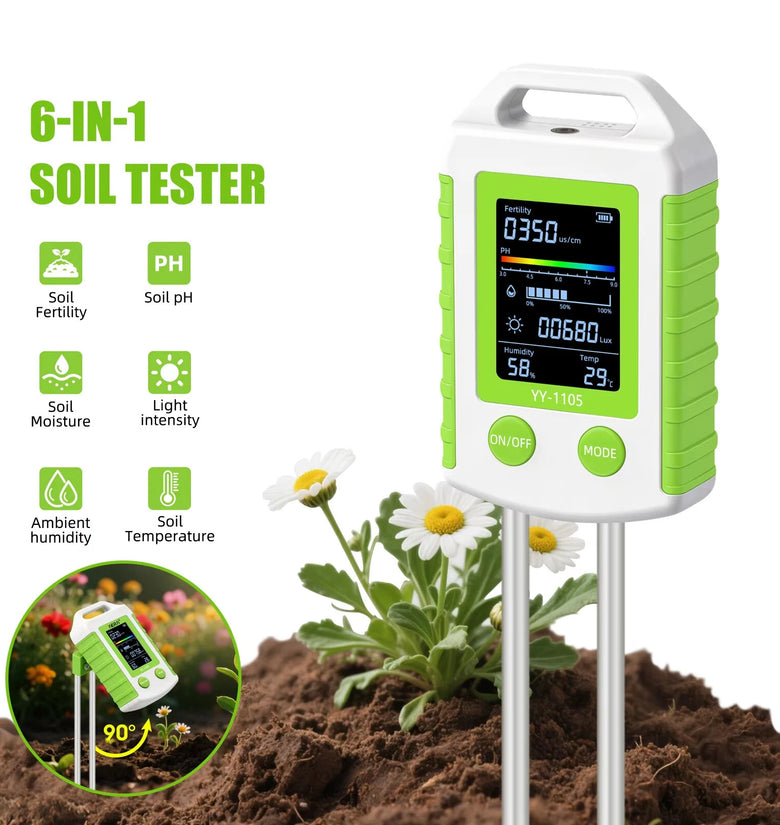 6 in 1 Soil PH Meter Fertility Moisture Light Temperature Humidity Tester High Precision Rotatable LCD Screen Garden Greenhouse Sensor