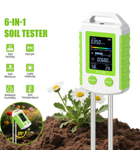 6 in 1 Soil PH Meter Fertility Moisture Light Temperature Humidity Tester High Precision Rotatable LCD Screen Garden Greenhouse Sensor