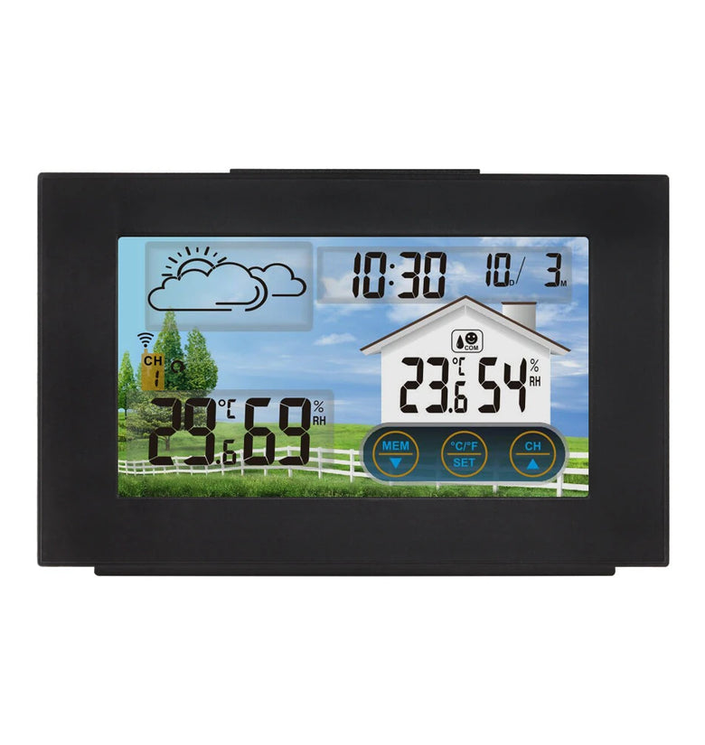 3551A Touch Screen Weather Station Indoor Outdoor Thermometer Hygrometer Wireless Sensor Weather Forecast Alarm Clock Comfort Level Display Smart Home Automation