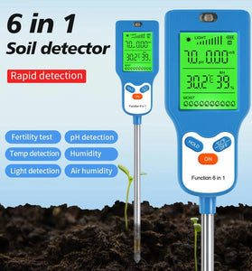 6 in 1 Soil Meter PH Tester LCD Display Light Fertility Temperature Moisture Humidity Analyzer Gardening Tool Battery Powered Eco-Friendly