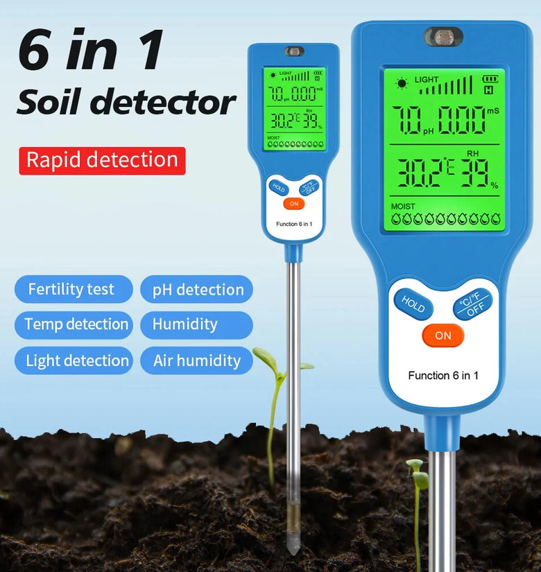 6 in 1 Soil Meter PH Tester LCD Display Light Fertility Temperature Moisture Humidity Analyzer Gardening Tool Battery Powered Eco-Friendly
