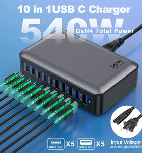 [GaN Tech] Bakeey 540W 10-Port USB PD Charger 5USB-A+5USB-C PD3.0 QC3.0 FCP BC1.2 Fast Charging Desktop Charging Station EU Plug for iPhone 17 17Pro 16 15 14 Pro Max 13 12 for Huawei Mate XTs for Xiaomi 17pro for iPad for Airpods for Apple Watch