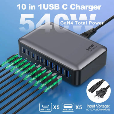[GaN Tech] Bakeey 540W 10-Port USB PD Charger 5USB-A+5USB-C PD3.0 QC3.0 FCP BC1.2 Fast Charging Desktop Charging Station EU Plug for iPhone 17 17Pro 16 15 14 Pro Max 13 12 for Huawei Mate XTs for Xiaomi 17pro for iPad for Airpods for Apple Watch