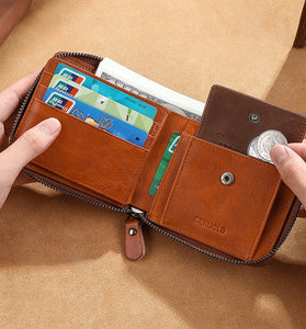Ekphero Men's Genuine Leather Zipper Short Wallet, Vintage Money Clip, Multi-card Card Holder Pocket Coin Purse, Gift For Men