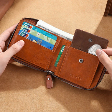 Ekphero Men's Genuine Leather Zipper Short Wallet, Vintage Money Clip, Multi-card Card Holder Pocket Coin Purse, Gift For Men