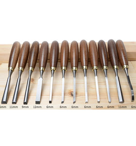 MYTEC 12pcs Wood Carving Chisel Set Walnut Handle 65Mn High Carbon Steel Sharp Blade Professional Woodworking Carving Tools