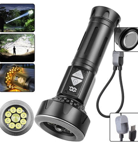 9* LEDs Long-Range Strong Spotlight With COB Side Floodlight With 26650 Battery Digital Display Type-C USB Rechargeable LED Flashlight Magnetic Attraction High-Intensity Camping LED Torch Thorwer Searching Light