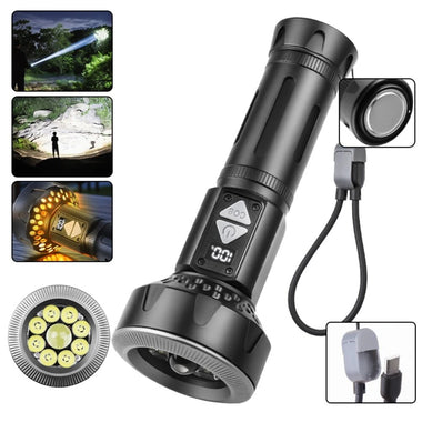 9* LEDs Long-Range Strong Spotlight With COB Side Floodlight With 26650 Battery Digital Display Type-C USB Rechargeable LED Flashlight Magnetic Attraction High-Intensity Camping LED Torch Thorwer Searching Light