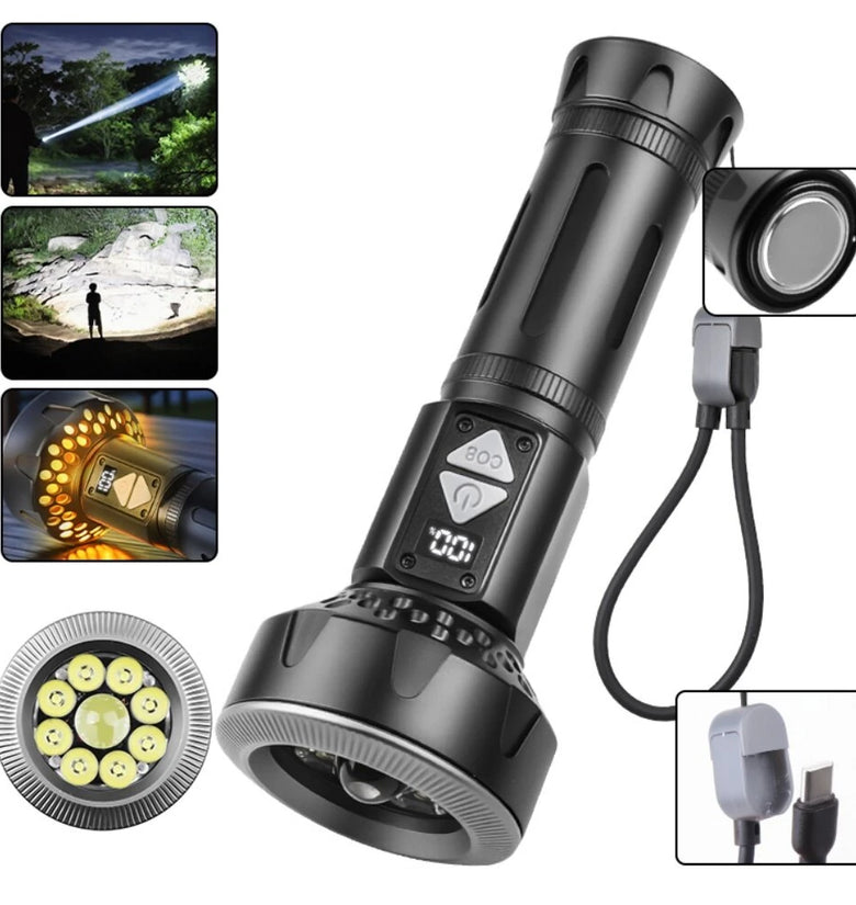 9* LEDs Long-Range Strong Spotlight With COB Side Floodlight With 26650 Battery Digital Display Type-C USB Rechargeable LED Flashlight Magnetic Attraction High-Intensity Camping LED Torch Thorwer Searching Light