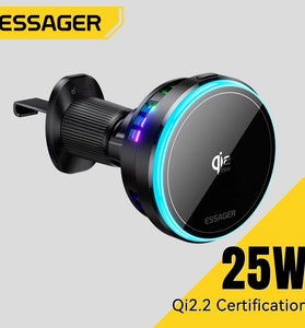Essager T13 QI2.2 Magnetic Wireless Car Charger 25W Fast Charging Station for iPhone 17 16 15 MacSafe RGB Car Phone Holder Stand