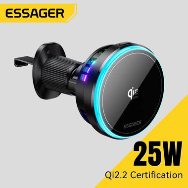 Essager T13 QI2.2 Magnetic Wireless Car Charger 25W Fast Charging Station for iPhone 17 16 15 MacSafe RGB Car Phone Holder Stand