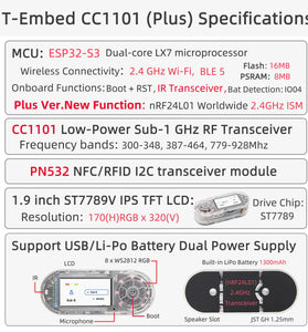 LILYGO T-Embed CC1101 Plus ESP32-S3 Development Board 2.4GHz nRF24L01 Worldwide Wi-Fi BLE 5 NFC RFID Sub-1GHz RF Transceiver IPS TFT LCD Dual Power Supply