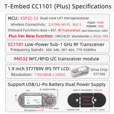 LILYGO T-Embed CC1101 Plus ESP32-S3 Development Board 2.4GHz nRF24L01 Worldwide Wi-Fi BLE 5 NFC RFID Sub-1GHz RF Transceiver IPS TFT LCD Dual Power Supply