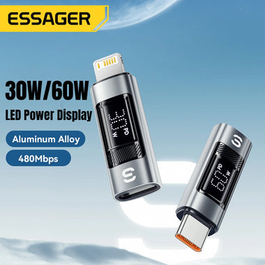 Essager ES-OTG25 30W/60W iP Male to Type-C Female / Type-C Male to iP Female Digital Display Adapter Converter for Phone Tablet for Smart Earbuds