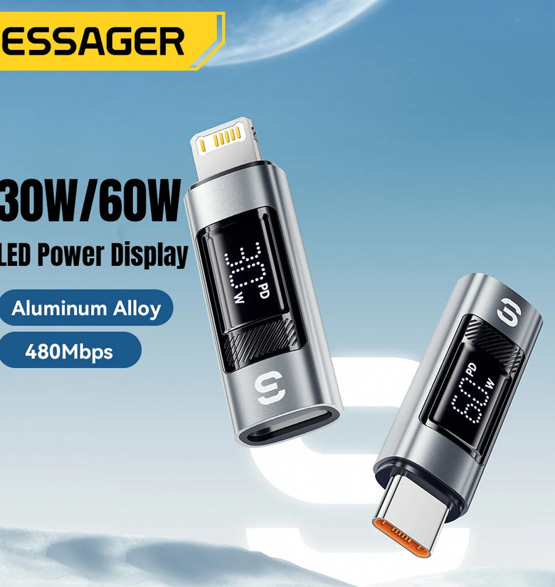 Essager ES-OTG25 30W/60W iP Male to Type-C Female / Type-C Male to iP Female Digital Display Adapter Converter for Phone Tablet for Smart Earbuds