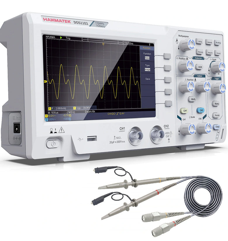 HANMATEK DOS1102 Digital Oscilloscope Portable 110MHz Bandwidth 500 MS/s Sampling 7 Inch LCD Display Dual Channels with Built-in FFT Spectrum Analysis Labview SCPI compatible USB Connectivity