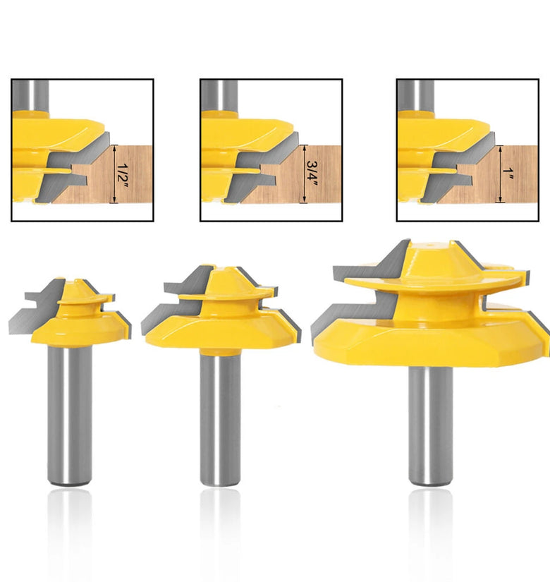 LAVIE 3PCS 45 Degree Lock Miter Router Bit Set 1/4 Inch 1/2 Inch 6mm 8mm 12mm Shank Tungsten Carbide Blades for Wood Slotting Tenoning Panel Joining