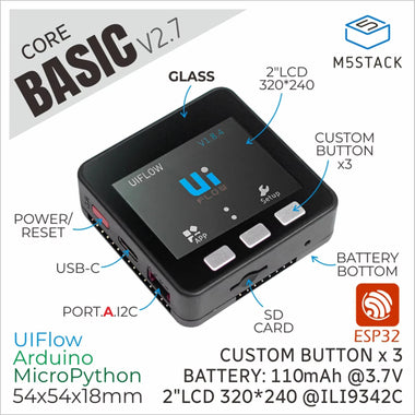 M5Stack ESP32 Basic Core IoT Development Kit V2.7 Dual Core 16MB Flash WiFi GPIO Type-C I2C Bright IPS LCD Screen