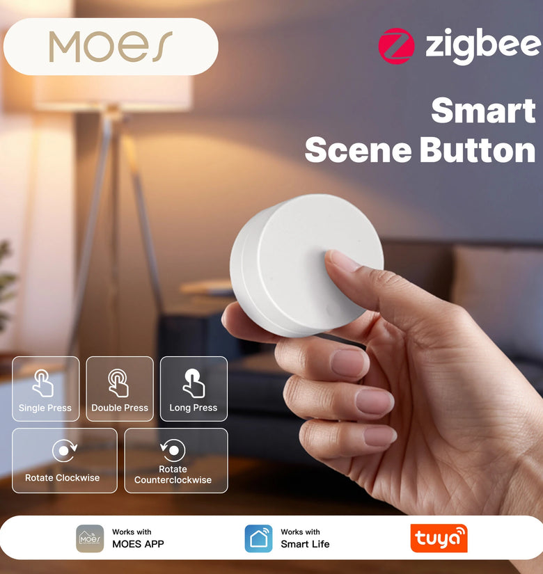MOES Tuya Zigbe Smart Scene Switch Rotary Button Wireless Remote Control Light RGB Dimmable Adjustable 5 Actions Home Scenarios