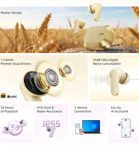 Realme Buds Air 8 TWS bluetooth 5.4 Earbuds ANC Earphone 55dB Depth Noise Cancelling 6-Mic Noise Reduction 11+6mm Premier Dual Drivers 3D Spatial Audio Low Latency IP55 Waterproof In-ear Sports Headphones