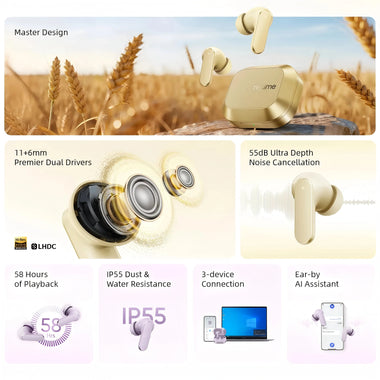 Realme Buds Air 8 TWS bluetooth 5.4 Earbuds ANC Earphone 55dB Depth Noise Cancelling 6-Mic Noise Reduction 11+6mm Premier Dual Drivers 3D Spatial Audio Low Latency IP55 Waterproof In-ear Sports Headphones